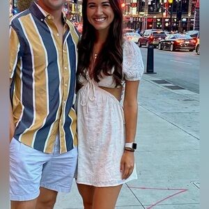 White Eyelet Tie-Front Mini Dress with Puff Sleeves